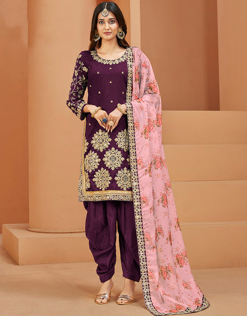 Traditional Function Wear Suit Collection Purple Art Silk Patiyala Straight Front View